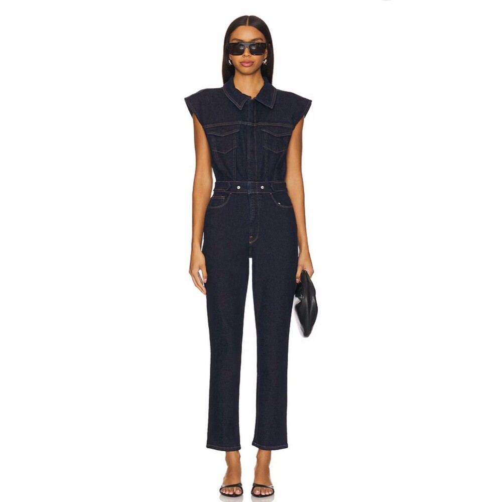 Good American Trucker Denim Jumpsuit in Dark Blue Wash Size S